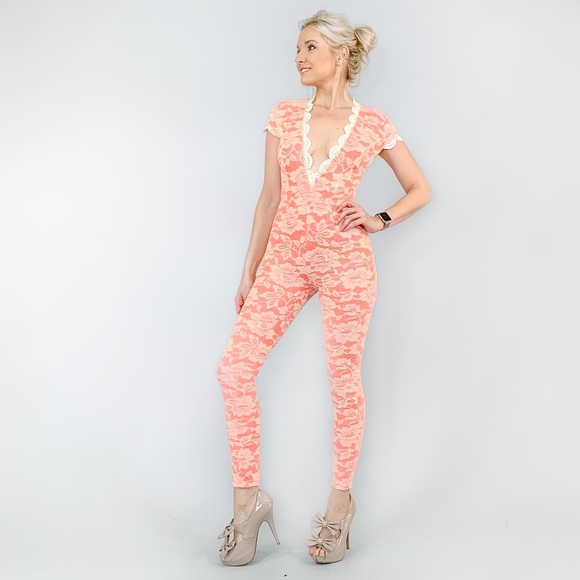 Coral Pink Lace Jumpsuit - Picture 3 of 8